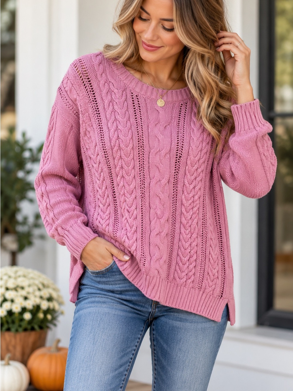 Talbots Rose Cable Knit Scoop Neck Sweater